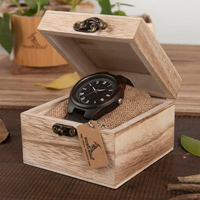 BOBO BIRD WO18O19 Wood Watch Ebony Zebra Wooden Watches for Men White Roman Number Quartz Watch with Tool for Adjusting Size